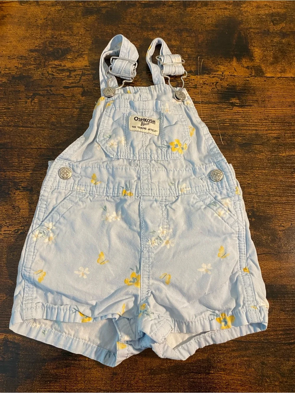 OshKosh B'gosh Light Blue Floral Short Overalls with Yellow Accents